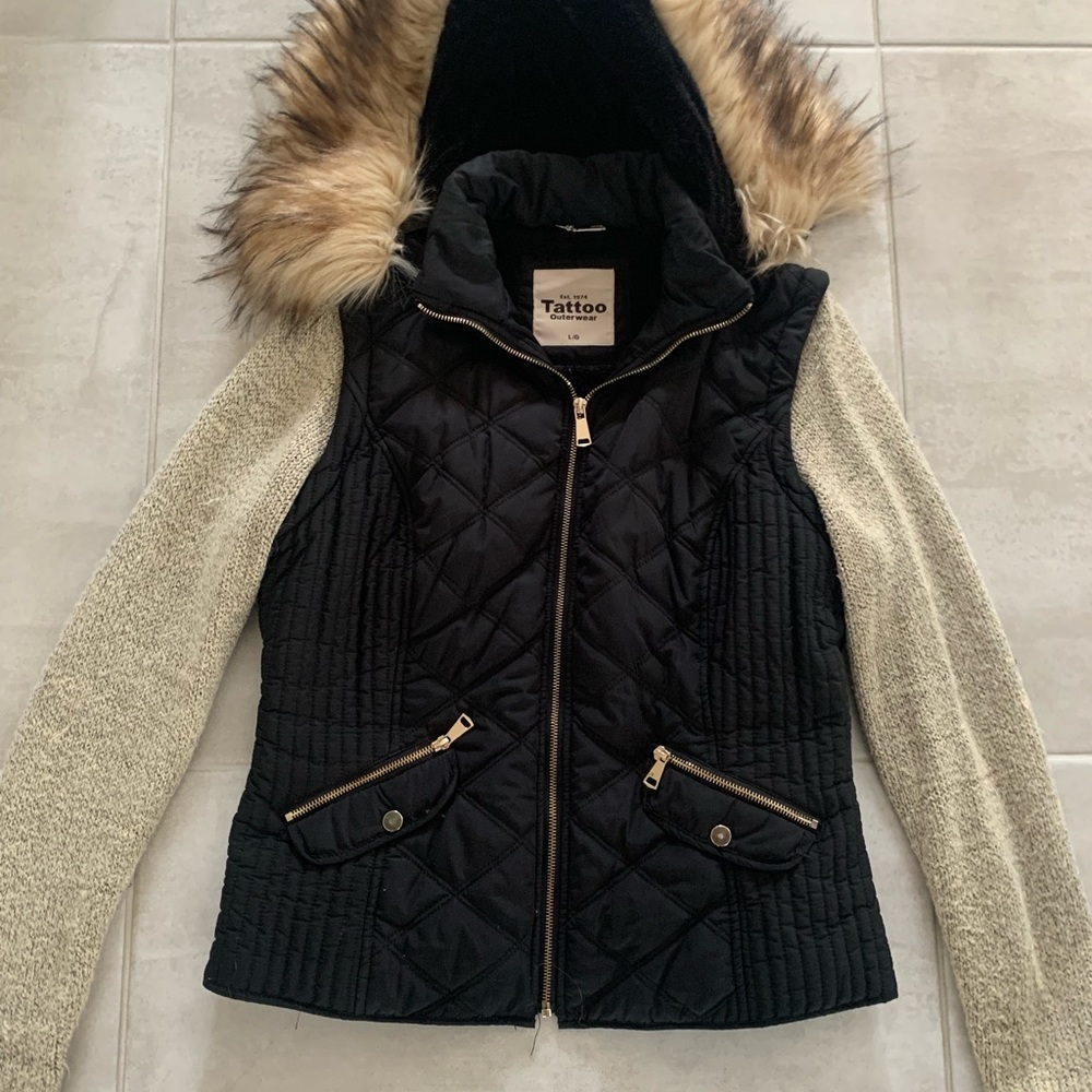 Women's Black Quilted Jacket with Fur Hood